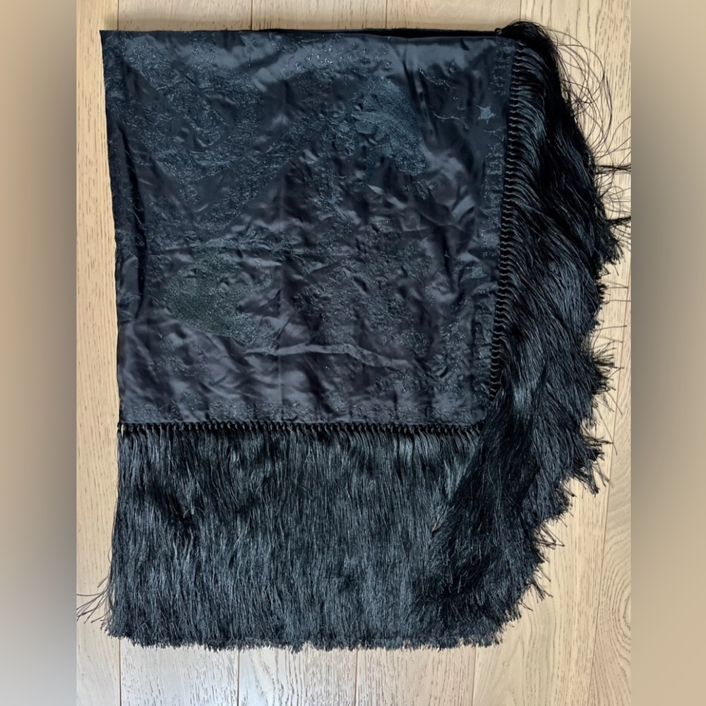 Burberry Black Scarf with Black and Silver Embroidery